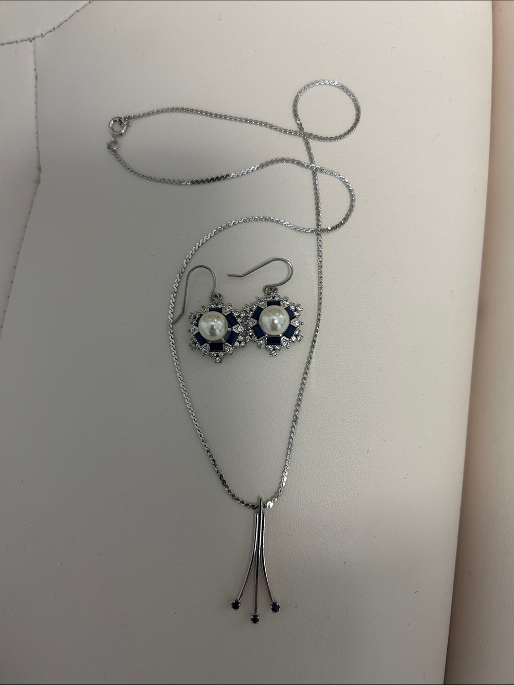 Sterling Silver Necklace with Pearl & Blue Accent Earrings Set